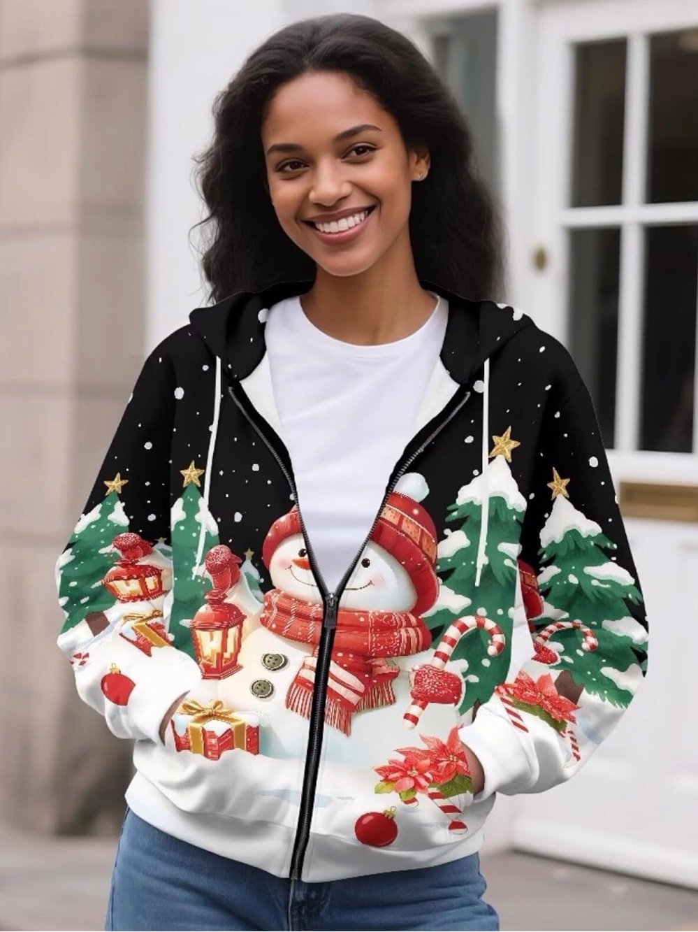 Women's Holiday Snowman/Lanterns Zip-Up Hoodie Blk/Red/Green Size-XL NIB